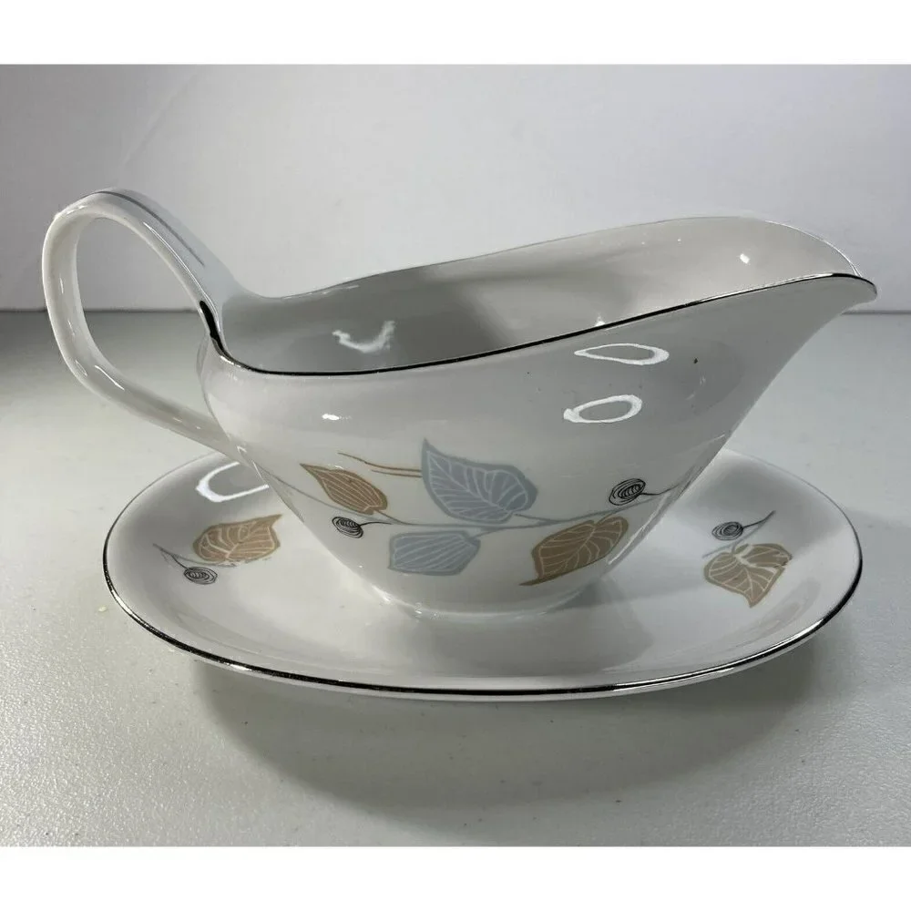 Bavaria Germany Fine China Mid-Century Blue Brown Leaf Gravy Boat Silver Edging